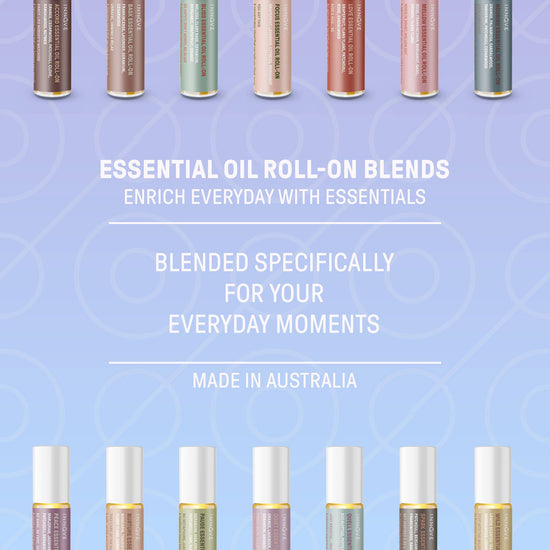 Row of essential oil roll-on blends with a purple background and text about their use and origin.
