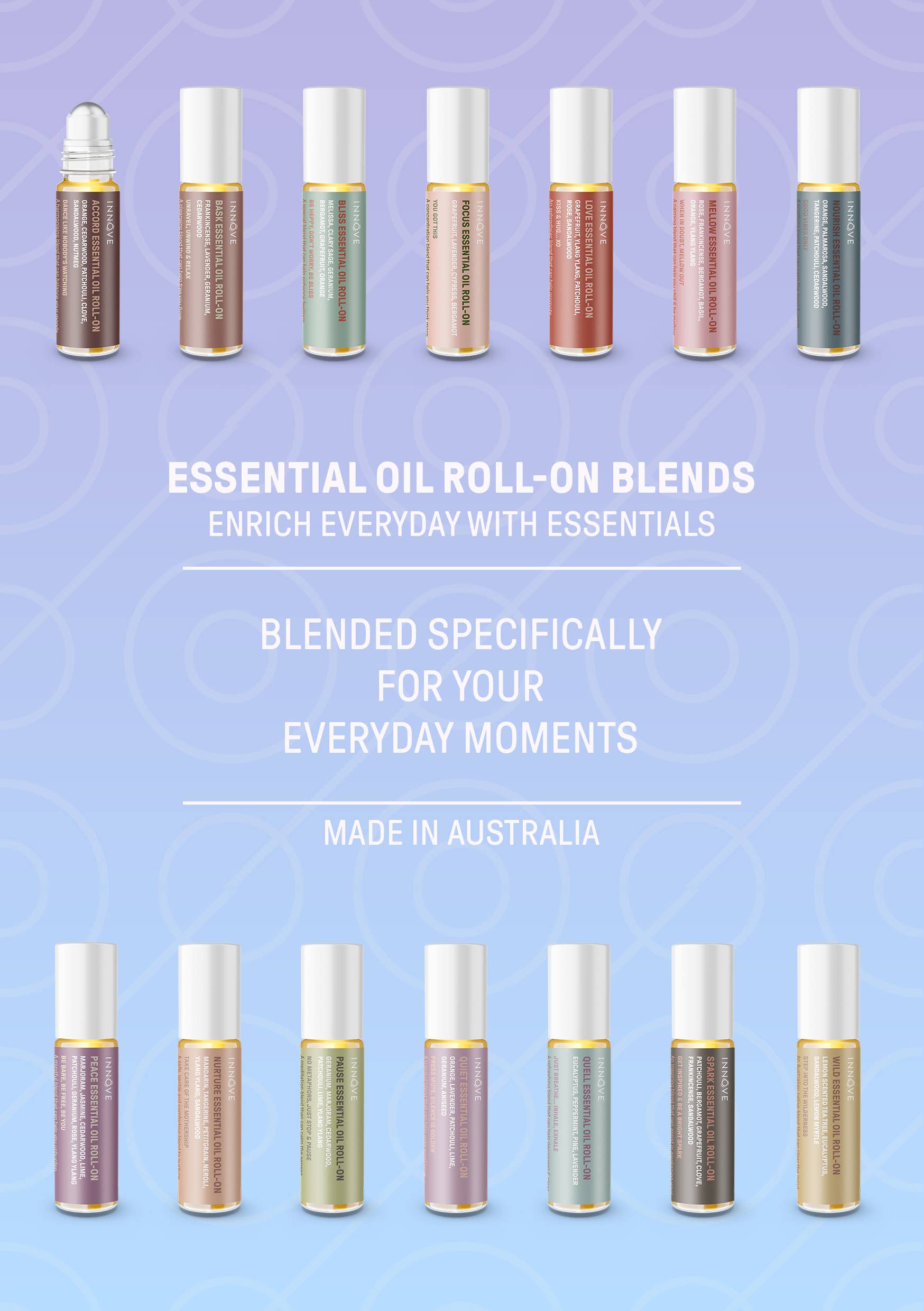 Row of essential oil roll-on blends with a purple background and text about their use and origin.