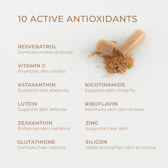 10 active anioxiants ingredient list with there summary of benefits 