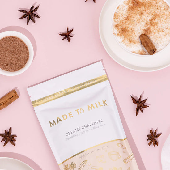 Made to Milk lactation Creamy Chai Latte package with chai latte ingredients on a pink background