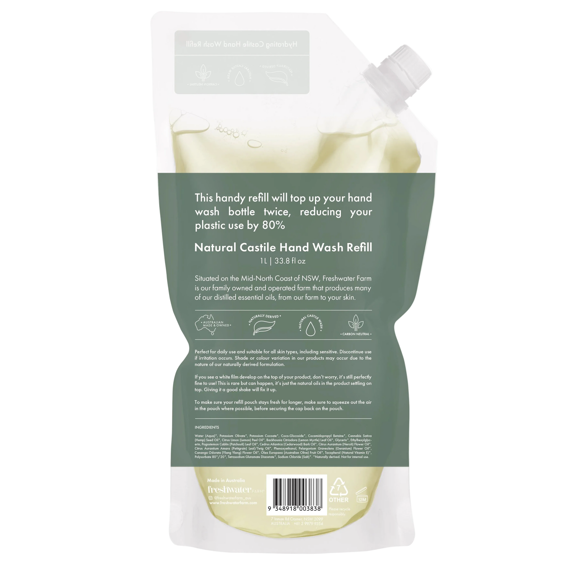 Hemp seed oil 1L hand wash refill packaging back