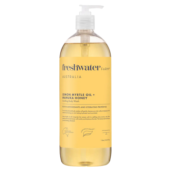 Bottle of Freshwater Farm Lemon Myrtle Oil + Manuka Honey body wash 