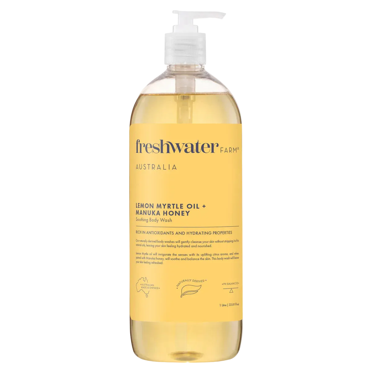 Bottle of Freshwater Farm Lemon Myrtle Oil + Manuka Honey body wash 