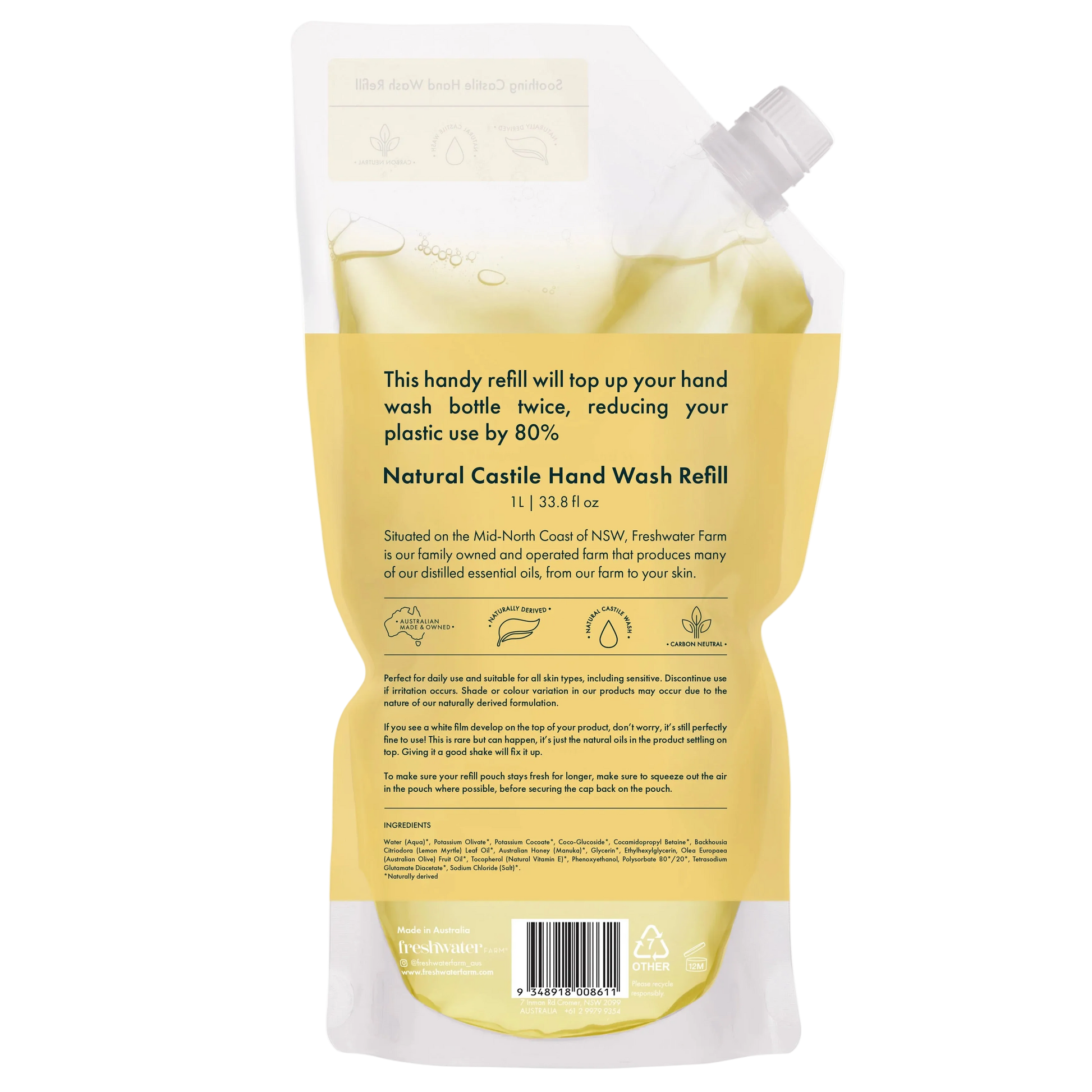 lemon myrtle oil and manuka honey Hand wash refill pouch 1L back