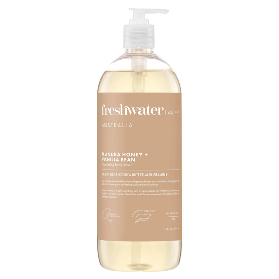 Bottle of freshwater farm Manuka Honey Vanilla Bean body wash 