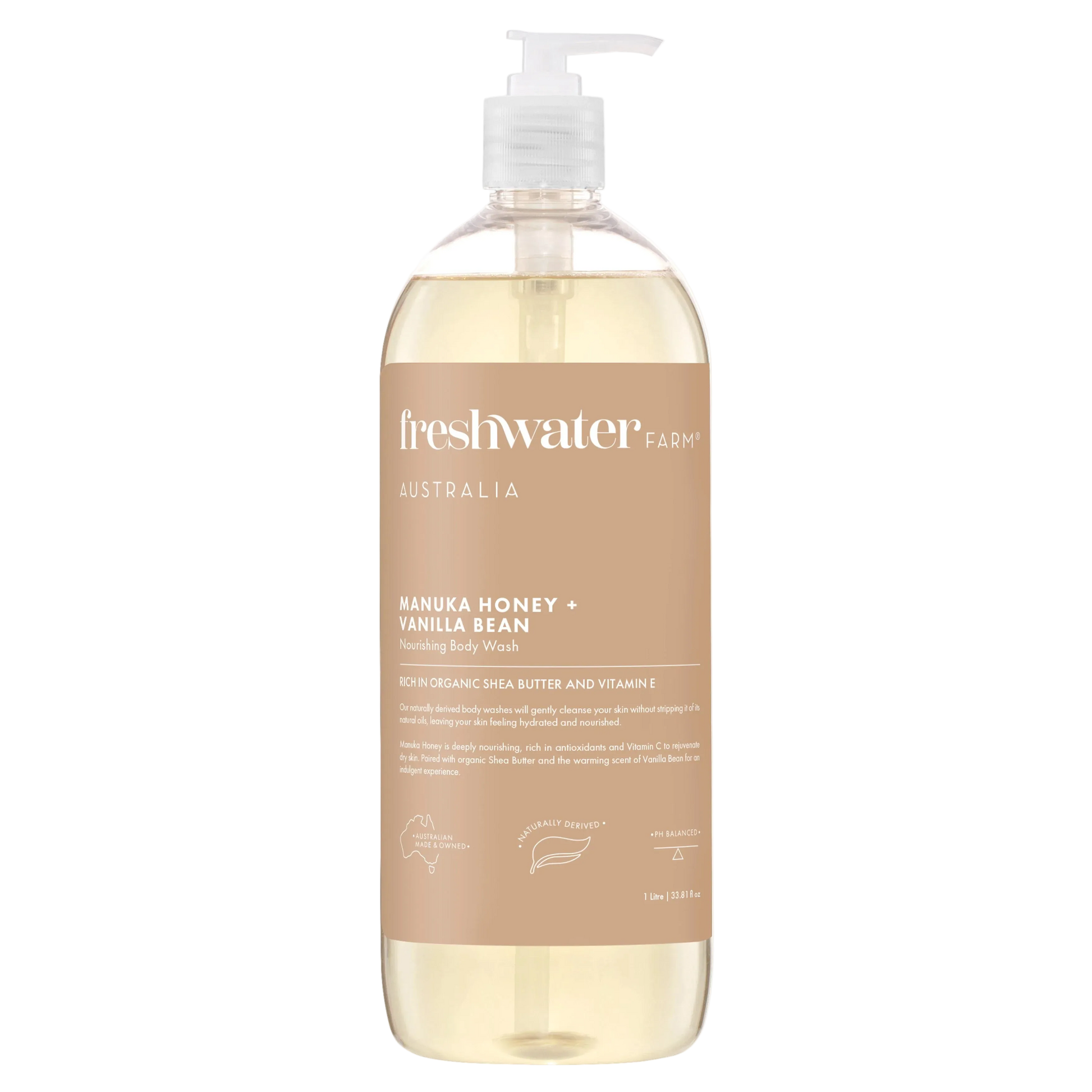Bottle of freshwater farm Manuka Honey Vanilla Bean body wash 