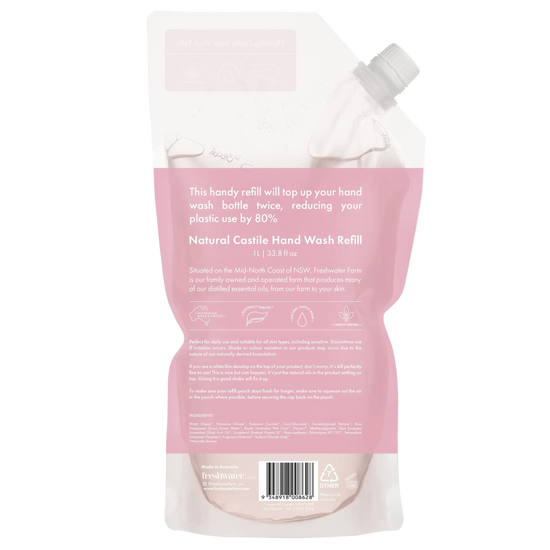 Rosewater and Pink clay hand wash refill packaging back 1L