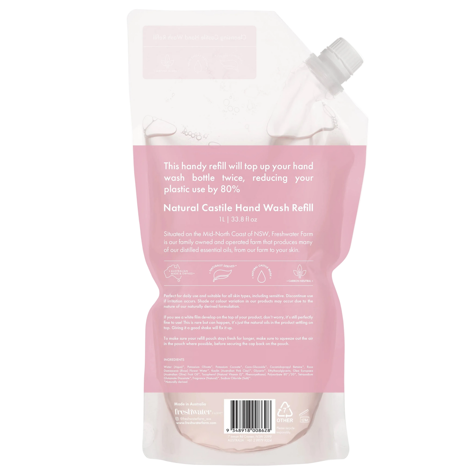 Rosewater and Pink clay hand wash refill packaging back 1L