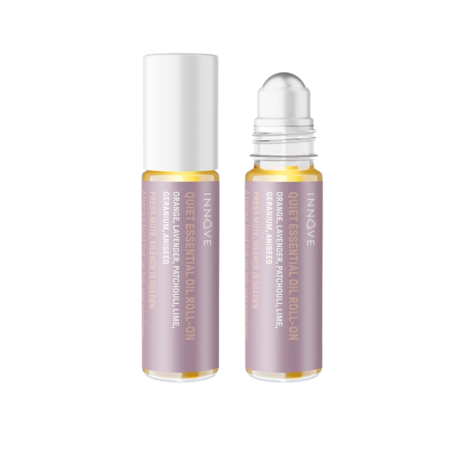 Two essential oil roller bottles with purple innove quiet essential oil roll on