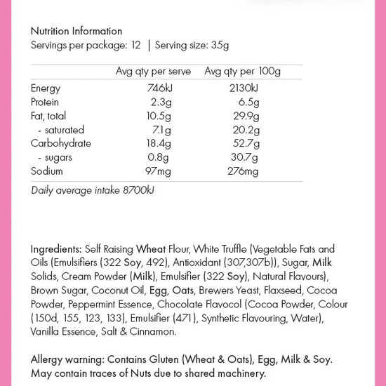 Nutrition label for Milky Goodness Mint Slice cookies with pink border and branding.