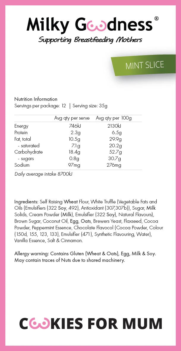 Nutrition label for Milky Goodness Mint Slice cookies with pink border and branding.