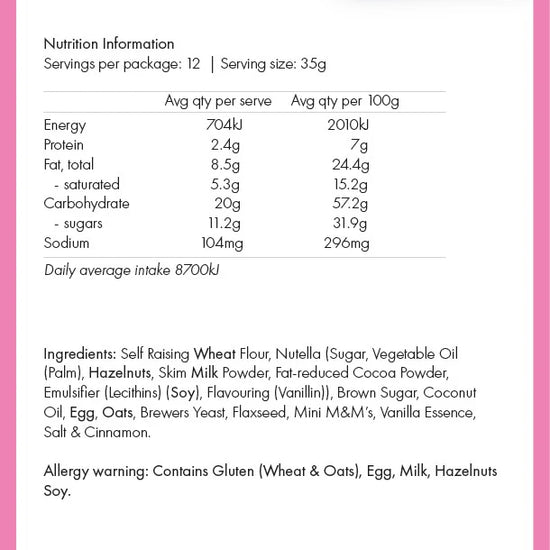 Nutrition label for Milky Goodness Cookies for Mum with Nutella & M&M ingredients on a pink background.