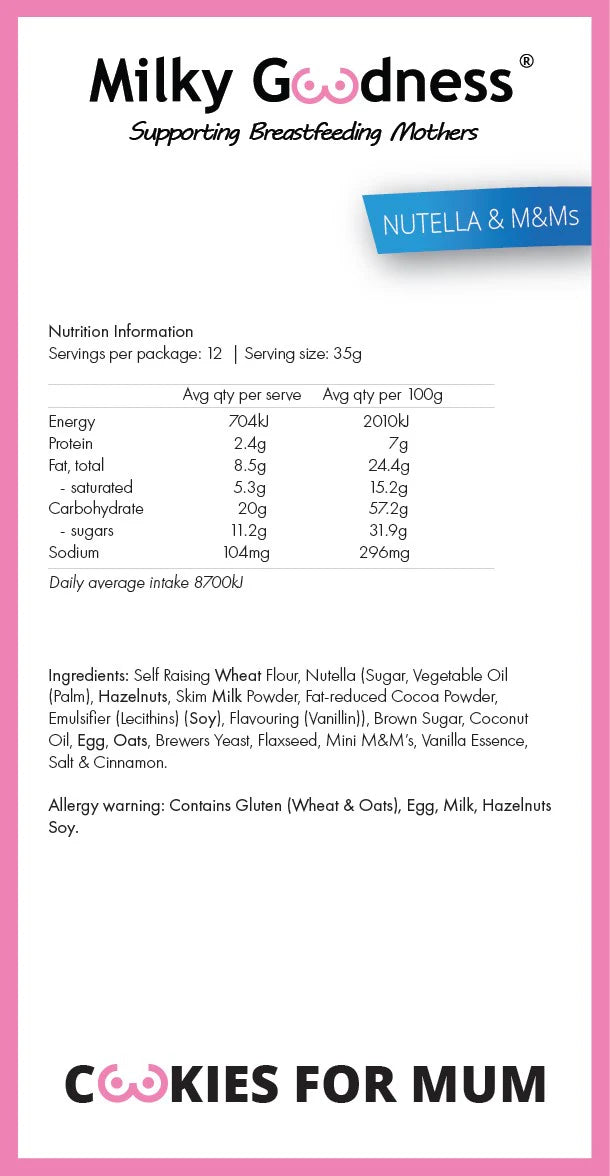 Nutrition label for Milky Goodness Cookies for Mum with Nutella & M&M ingredients on a pink background.