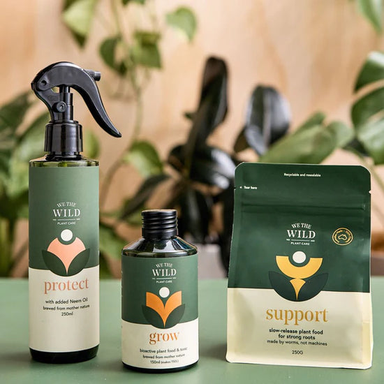 Three 'Not in the Wild' plant care products on a green surface with a blurred plant background. Protect, grow and support.