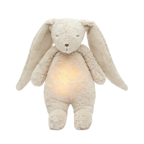 Beige plush bunny toy with a warm light on a white background