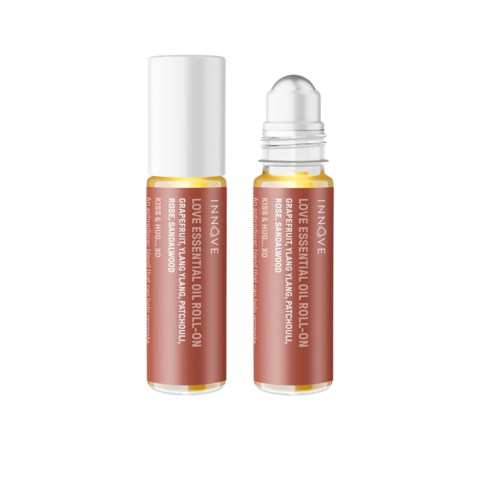 Two essential oil roller bottles with purple innove love essential oil roll on