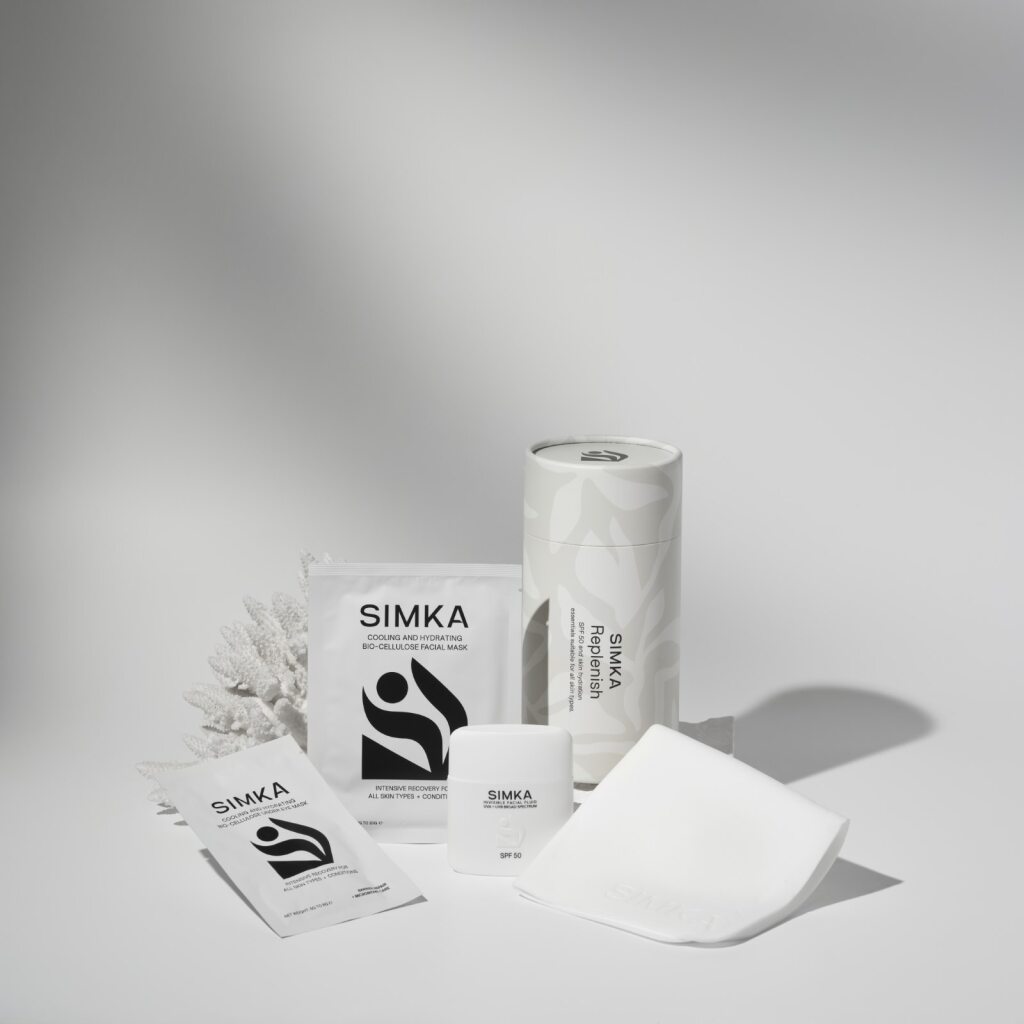 SIMKA products including a roll of paper towels and packets on a light gray background