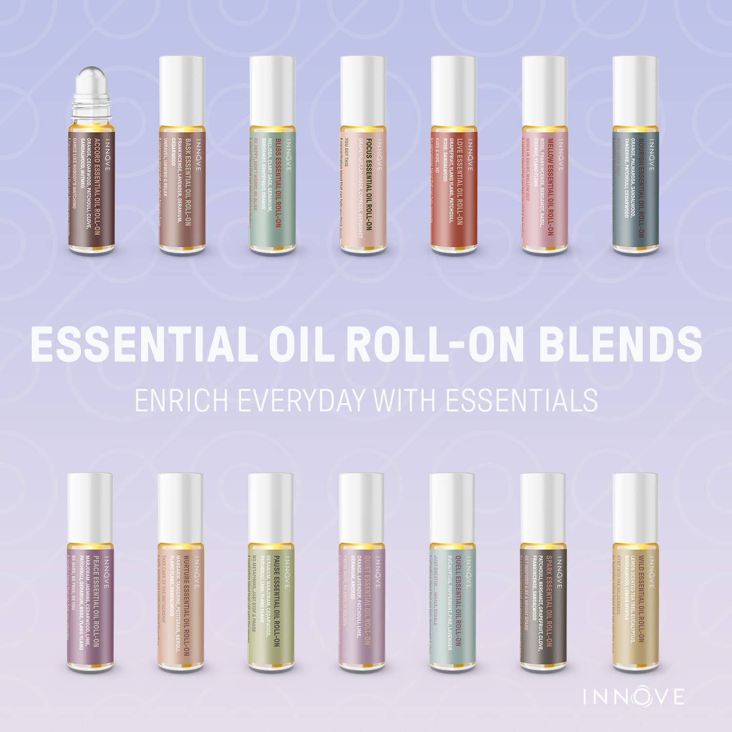 Row of essential oil roll-on blends with a purple background and 'INNOVE' branding.