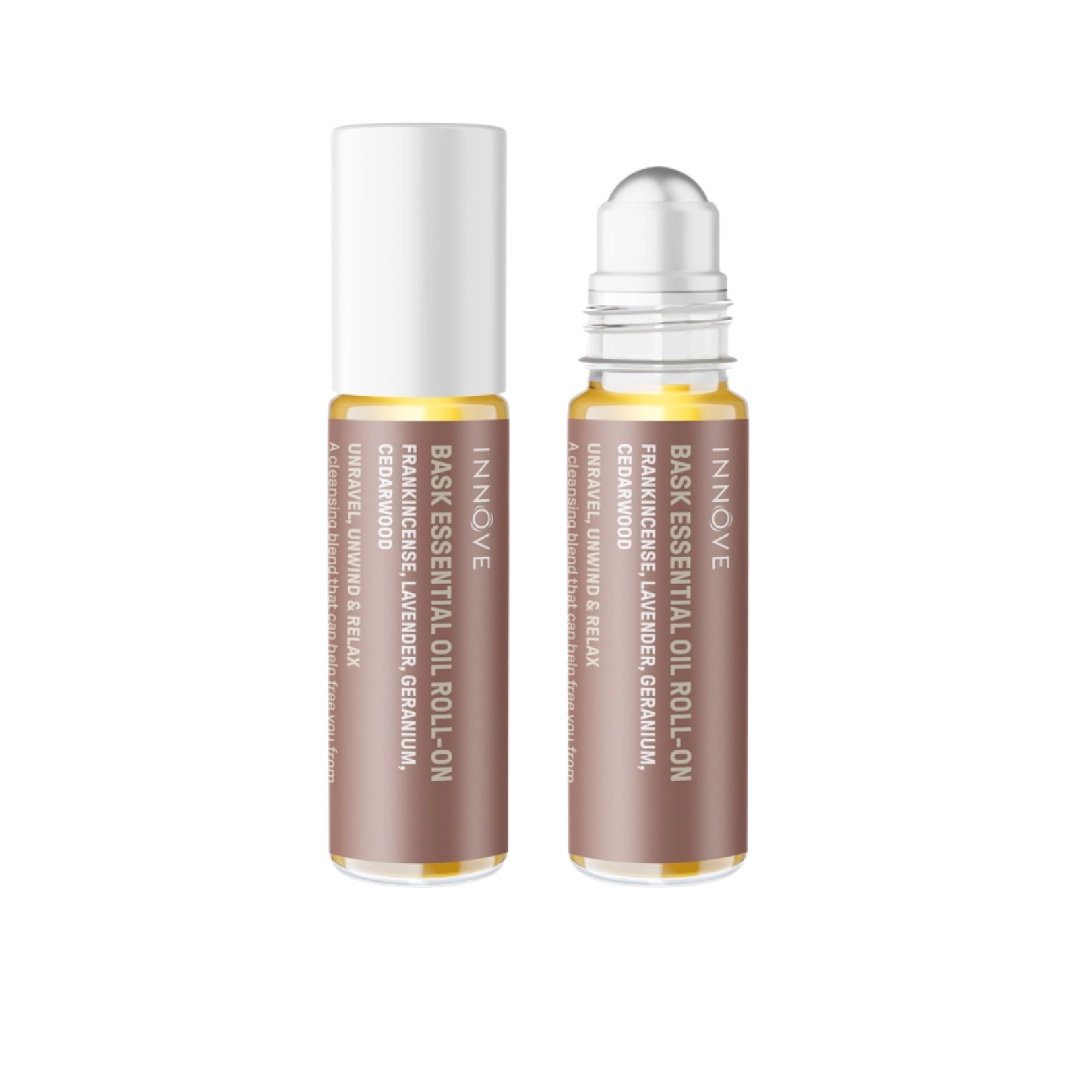 Two essential oil roller bottles with brown innove bask essential oil roll on