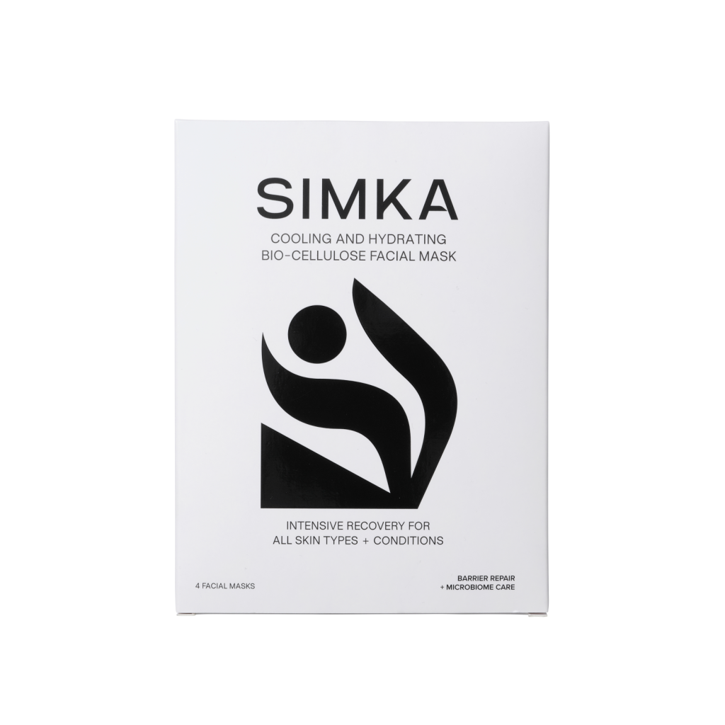 SIMKA cooling and hydrating bio-cellulose facial mask packaging on a transparent background