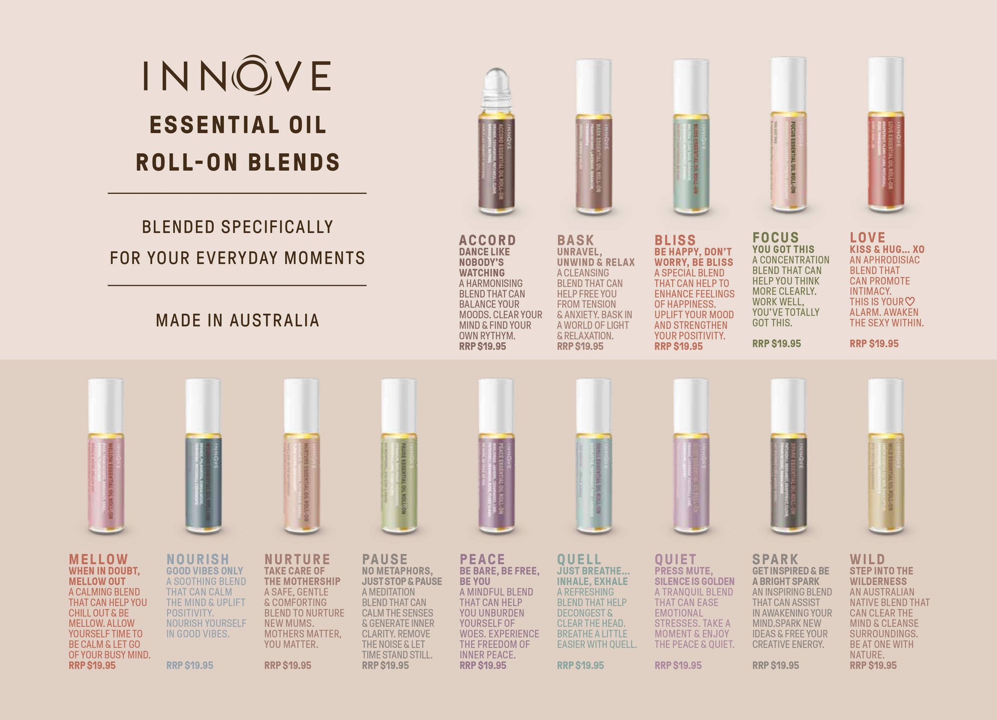 Innove essential oil roll-on blends with names and descriptions on a beige background