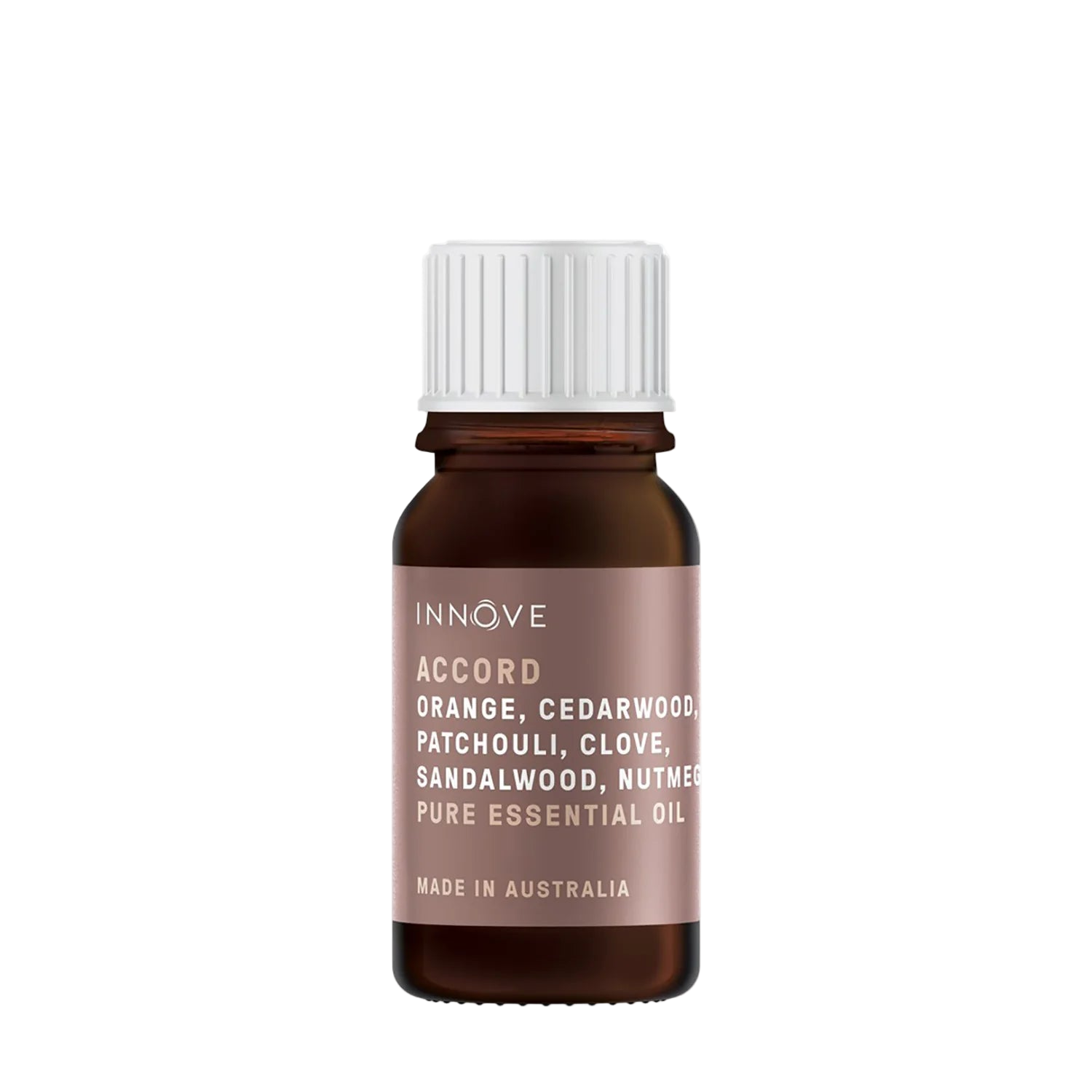 10mls Essential oil bottle named Accord with orange, cedarwood, patchouli, clove, sandalwood and nutmeg with a white cap on a Transparent background