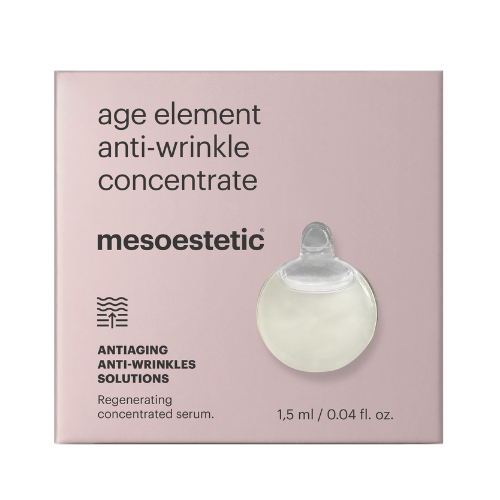 Mesoestetic age element anti-wrinkle concentrate packaging on a light pink background