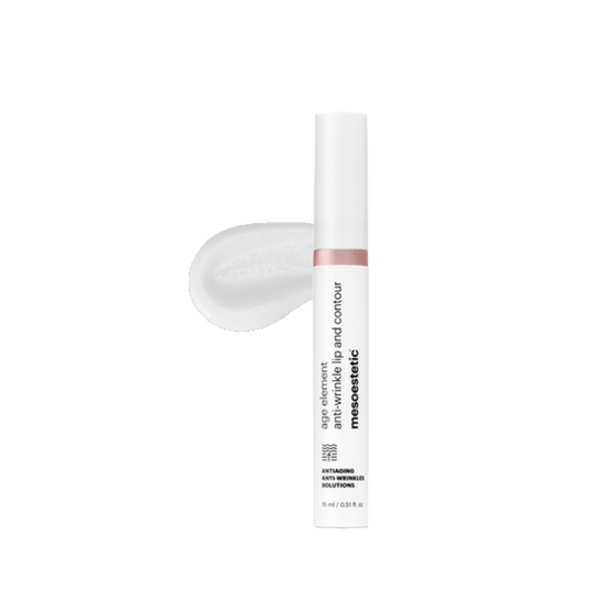Mesoestetic antiwrinkle lip and contour  product with applicator on a white background