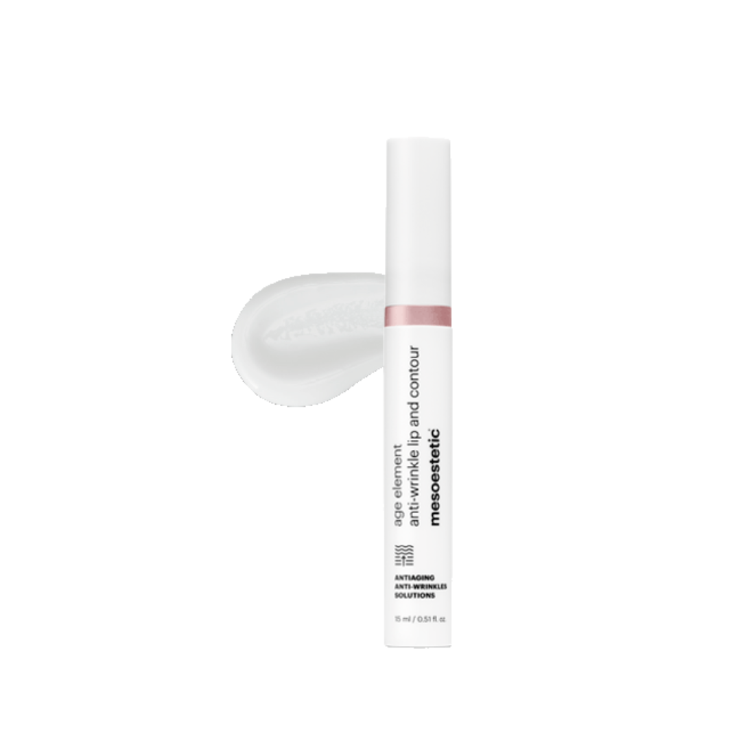 Mesoestetic antiwrinkle lip and contour  product with applicator on a white background