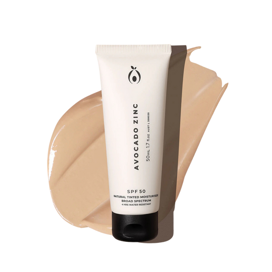 Tube of Avocado Zinc light sunscreen with a beige swatch 