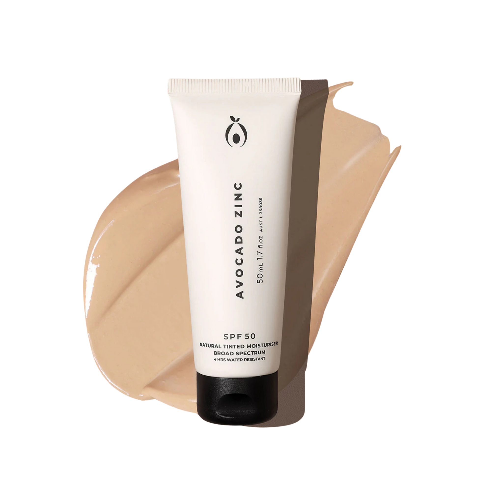 Tube of Avocado Zinc light sunscreen with a beige swatch 