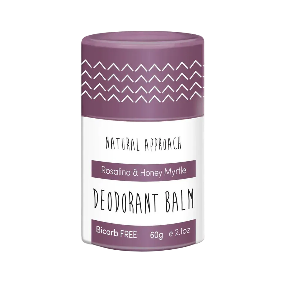 Natural Approach Deodorant balm sensitive skin container with purple lid and white label. Rosalina & Honey Myrtle