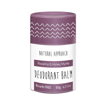 Natural Approach Deodorant balm sensitive skin container with purple lid and white label. Rosalina & Honey Myrtle