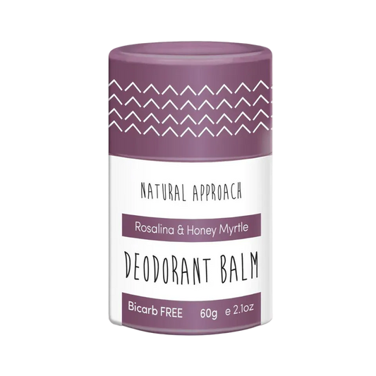 Natural Approach Deodorant balm sensitive skin container with purple lid and white label. Rosalina & Honey Myrtle