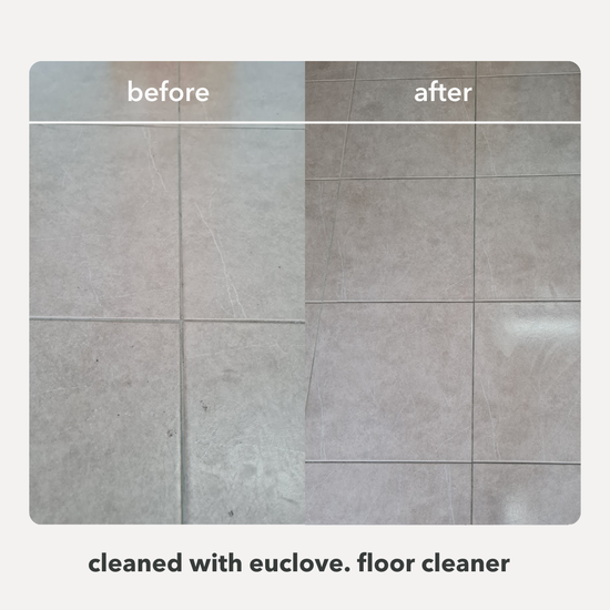 Comparison of a tiled floor before and after cleaning with Euclove floor cleaner.