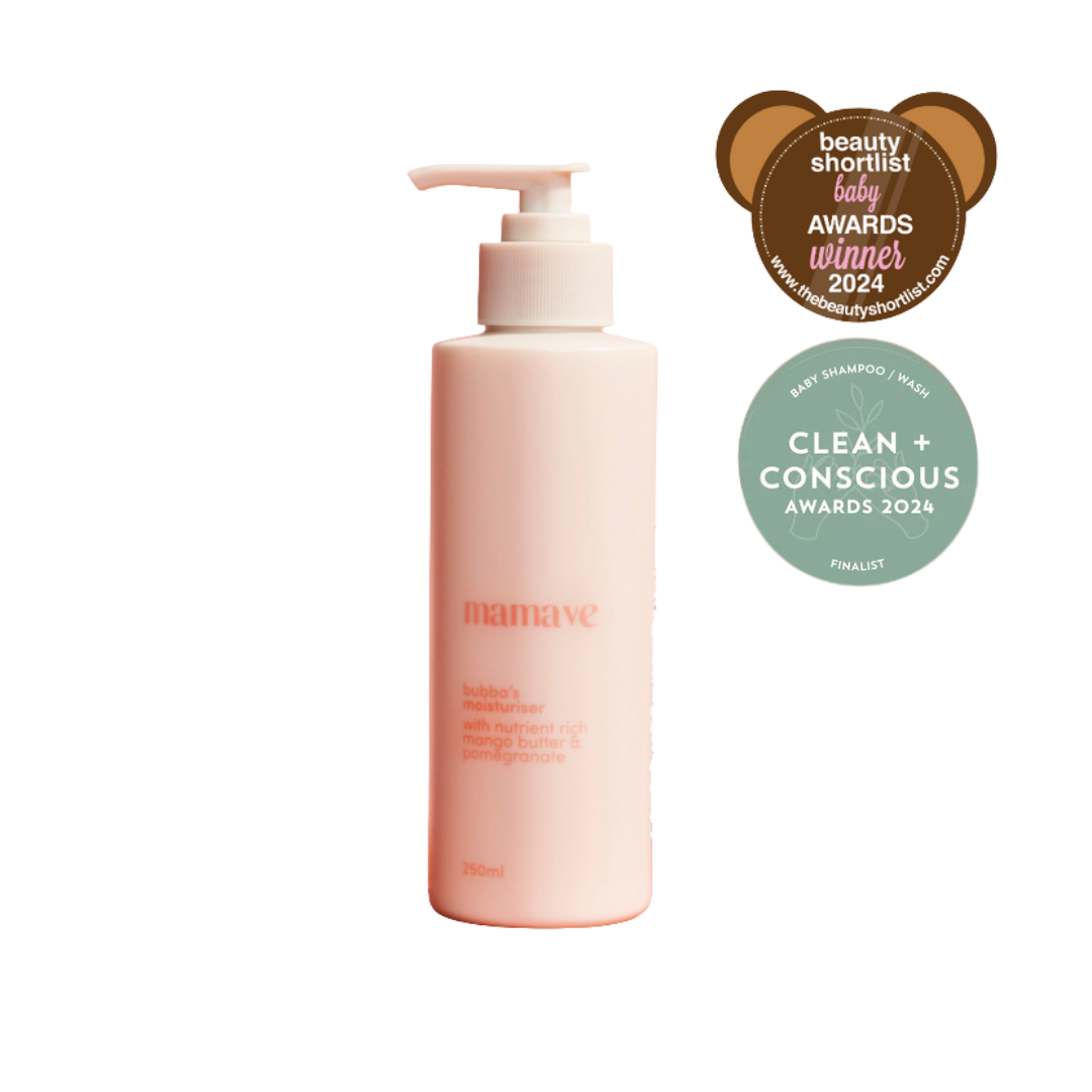 Baby shampoo bottle with awards on a white background