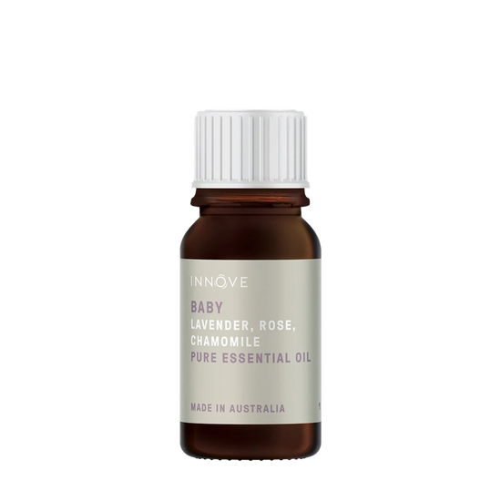 10mls Essential oil bottle named Baby with lavender, rose and chamomile with a white cap on a Transparent background