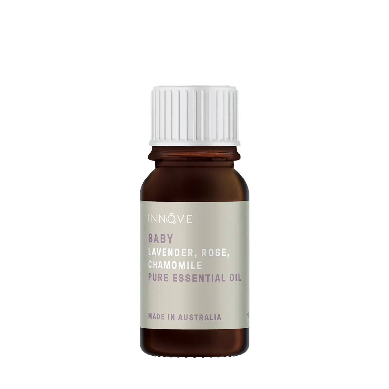 10mls Essential oil bottle named Baby with lavender, rose and chamomile with a white cap on a Transparent background