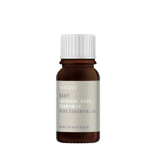 10mls Essential oil bottle named Baby with lavender, rose and chamomile with a white cap on a Transparent background