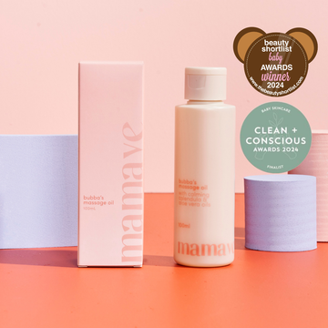 Mamave Bubba's Massage Oil in packaging box and then Bubba's Massage Oil bottle with flip cap branding on a peach background. Beauty shortlist baby awards winner 2024 sticker. baby skincare clean and conscious award 2024 finalist sticker.