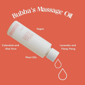 Bubba's Massage Oil fake pouring with written in bold with ingredients calendula and aloe vera, plant oils, vegan, lavender and ylang ylang around it.