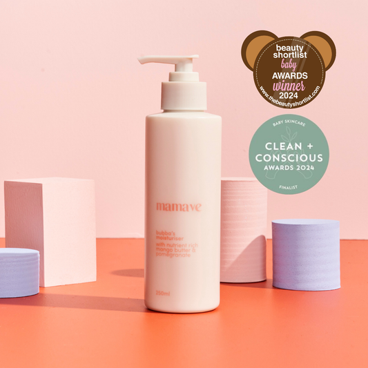 Bubba's Moisturiser skincare bottle with pump on a two-tone pink background 250ml. Beauty shortlist baby awards winner 2024 sticker. baby skincare clean and conscious award 2024 finalist stocker. 