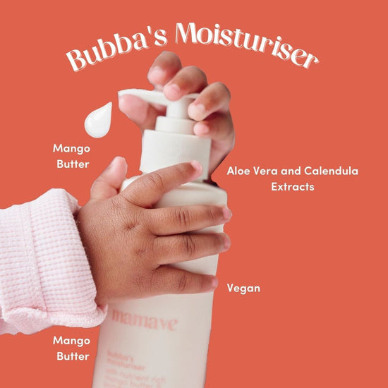 Baby hand holding a bottle of moisturizer with text about ingredients mango butter, aloe vera and calendula extracts, mango butter and vegan status on an orange background