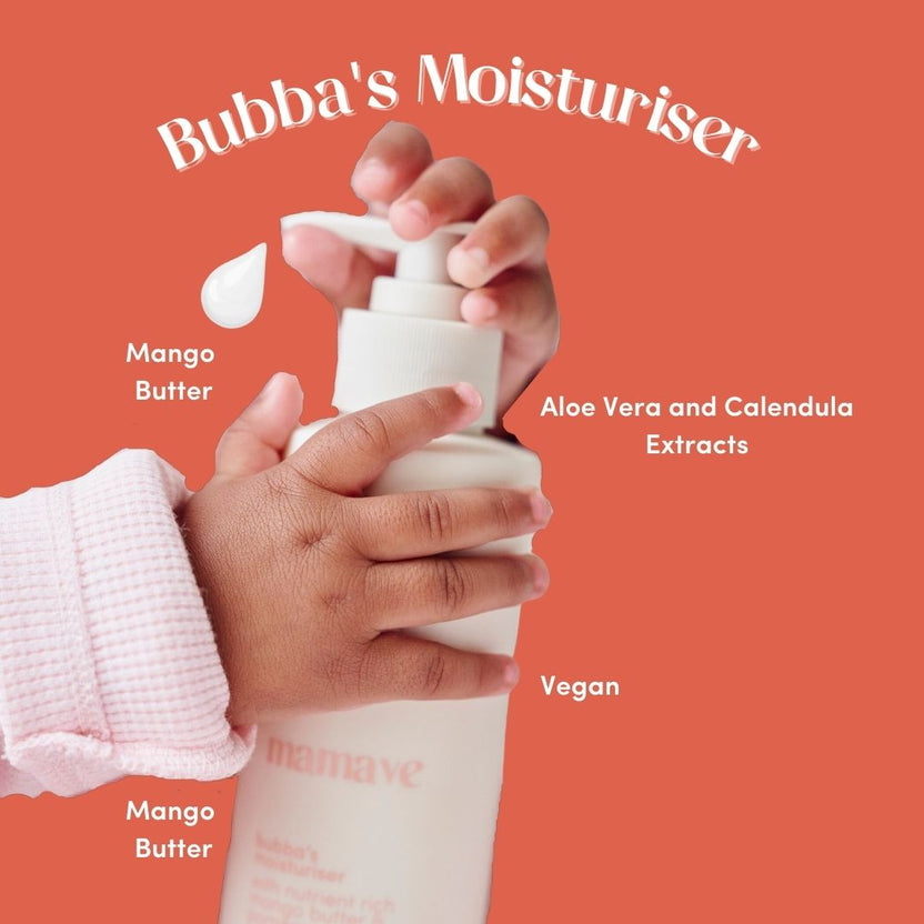 Baby hand holding a bottle of moisturizer with text about ingredients mango butter, aloe vera and calendula extracts, mango butter and vegan status on an orange background