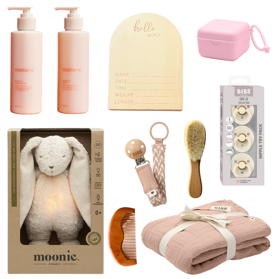 Baby bundle of baby care products including baby moisturiser, baby wash, Hello world birth announcement timber plaque, dummie case, try 3 try of dummie pack, timber baby brush, dummie clip, timber baby comb, moonie baby sleep aid bunny teddy and swaddle. Pink theme.