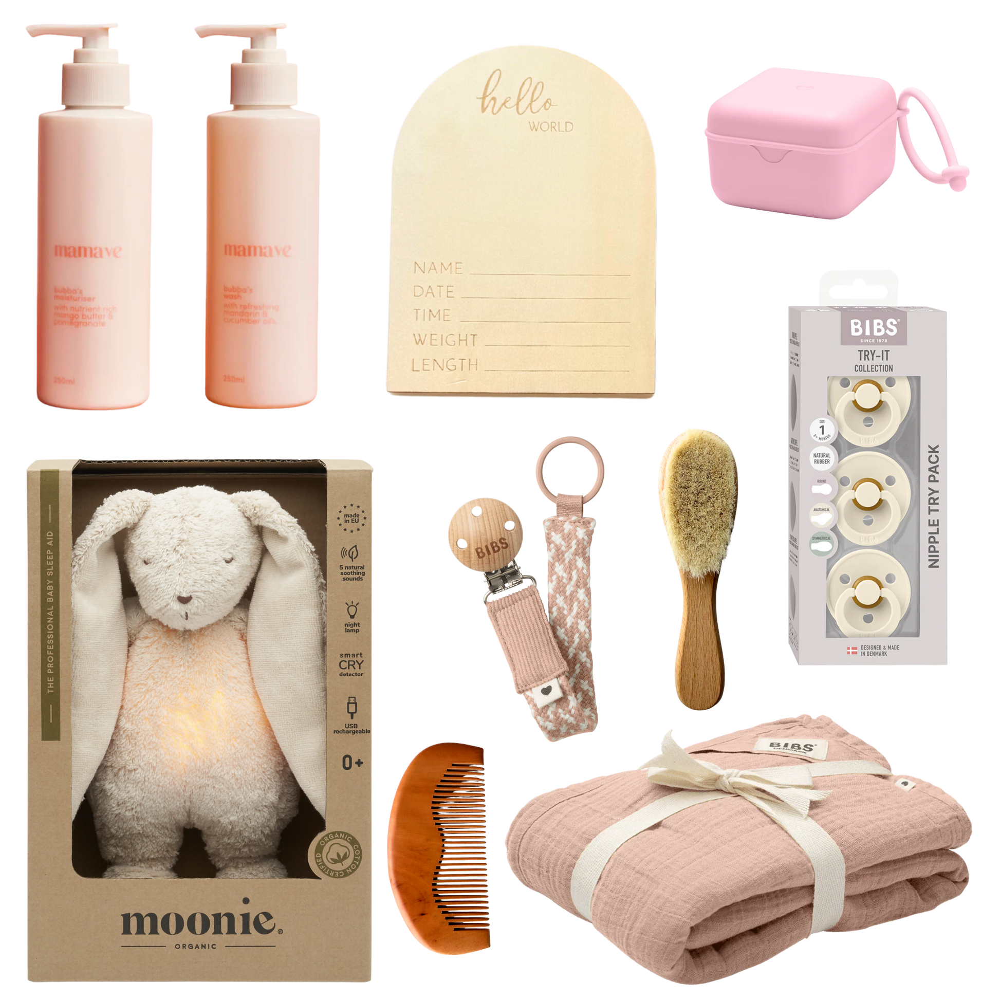 Baby bundle of baby care products including baby moisturiser, baby wash, Hello world birth announcement timber plaque, dummie case, try 3 try of dummie pack, timber baby brush, dummie clip, timber baby comb, moonie baby sleep aid bunny teddy and swaddle. Pink theme.