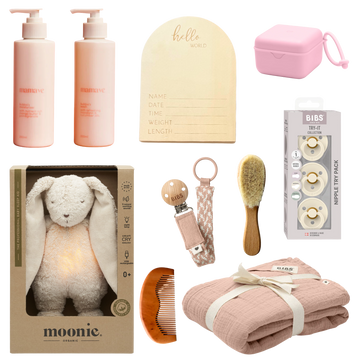 Baby bundle of baby care products including baby moisturiser, baby wash, Hello world birth announcement timber plaque, dummie case, try 3 try of dummie pack, timber baby brush, dummie clip, timber baby comb, moonie baby sleep aid bunny teddy and swaddle. Pink theme.