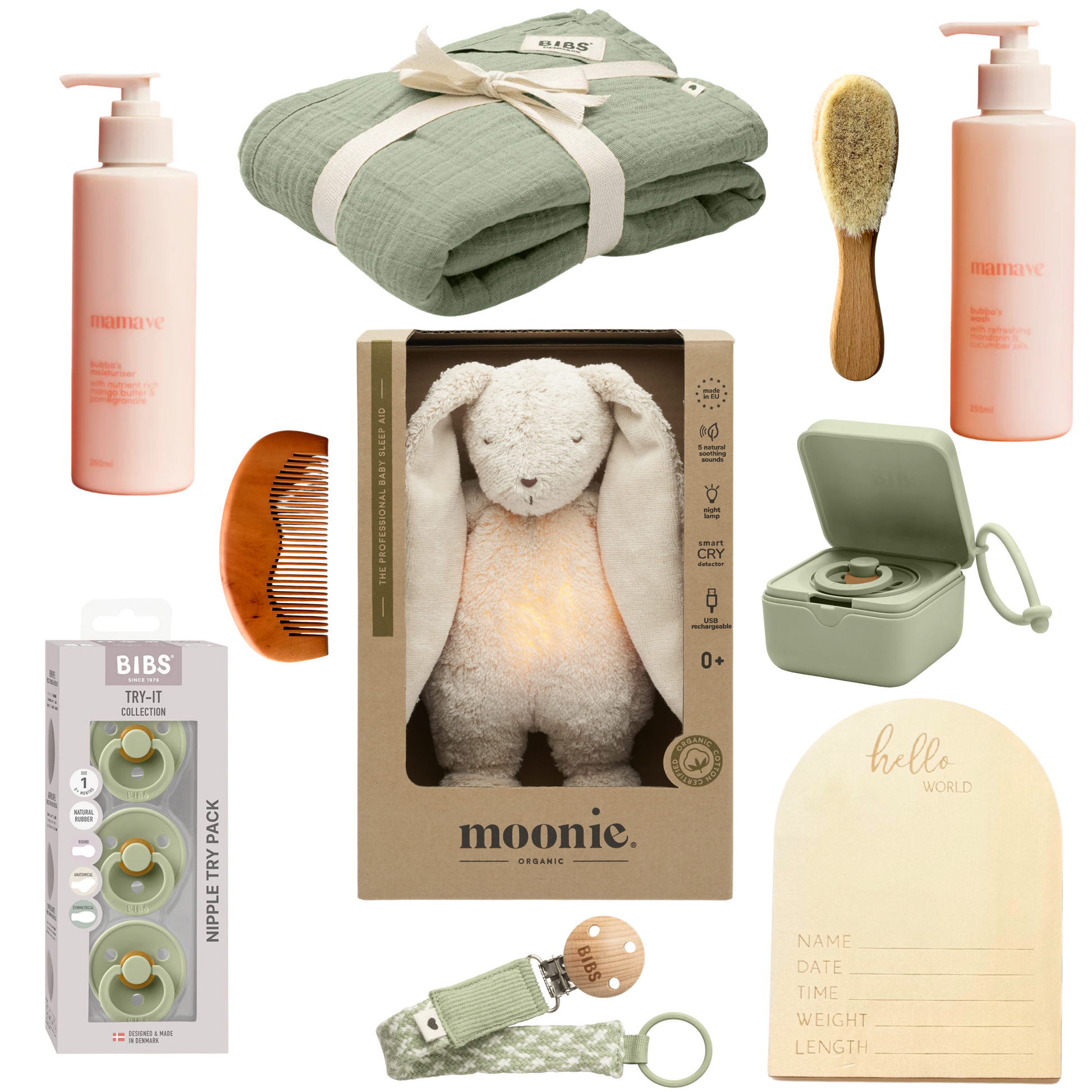 Baby bundle of baby care products including baby moisturiser, baby wash, Hello world birth announcement timber plaque, dummie case, try 3 try of dummie pack, timber baby brush, dummie clip, timber baby comb, moonie baby sleep aid bunny teddy and swaddle. Sage theme.