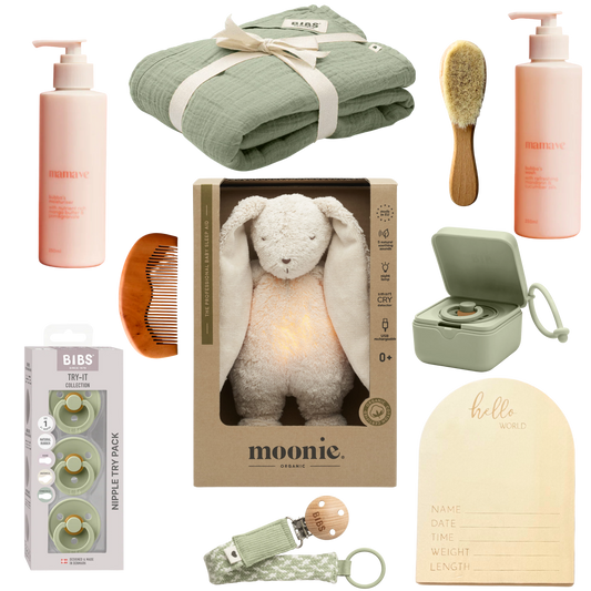 Baby bundle of baby care products including baby moisturiser, baby wash, Hello world birth announcement timber plaque, dummie case, try 3 try of dummie pack, timber baby brush, dummie clip, timber baby comb, moonie baby sleep aid bunny teddy and swaddle. Sage theme.