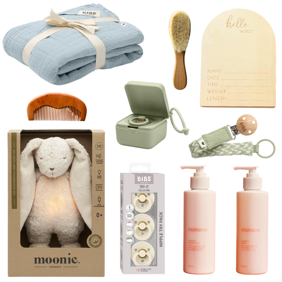 Baby bundle of baby care products including baby moisturiser, baby wash, Hello world birth announcement timber plaque, dummie case, try 3 try of dummie pack, timber baby brush, dummie clip, timber baby comb, moonie baby sleep aid bunny teddy and swaddle. Mix of beige, sage and blue theme.